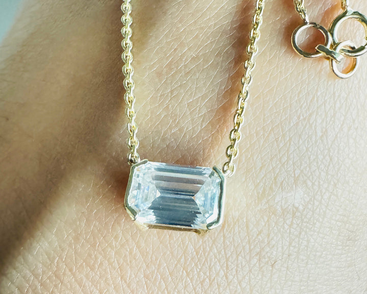 East West Emerald Cut Solid Gold Necklace Moissanite Everyday Wear Necklace Her