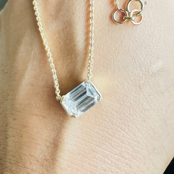 East West Emerald Cut Solid Gold Necklace Moissanite Everyday Wear Necklace Her