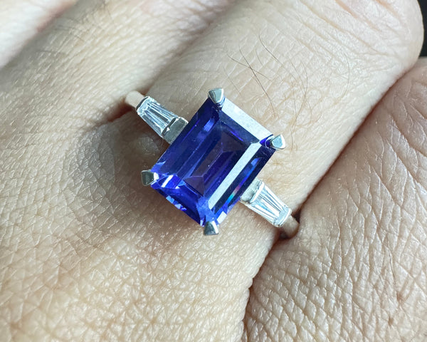 Dark Blue Emerald Cut CZ Diamond Ring Three Stone Fancy Wedding Ring