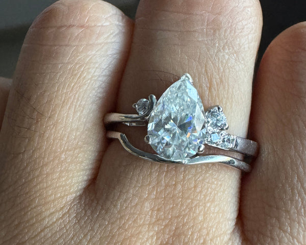 Pear Cut Moissanite Ring Set With Plain Stacking Ring Wedding Ring Set For Her