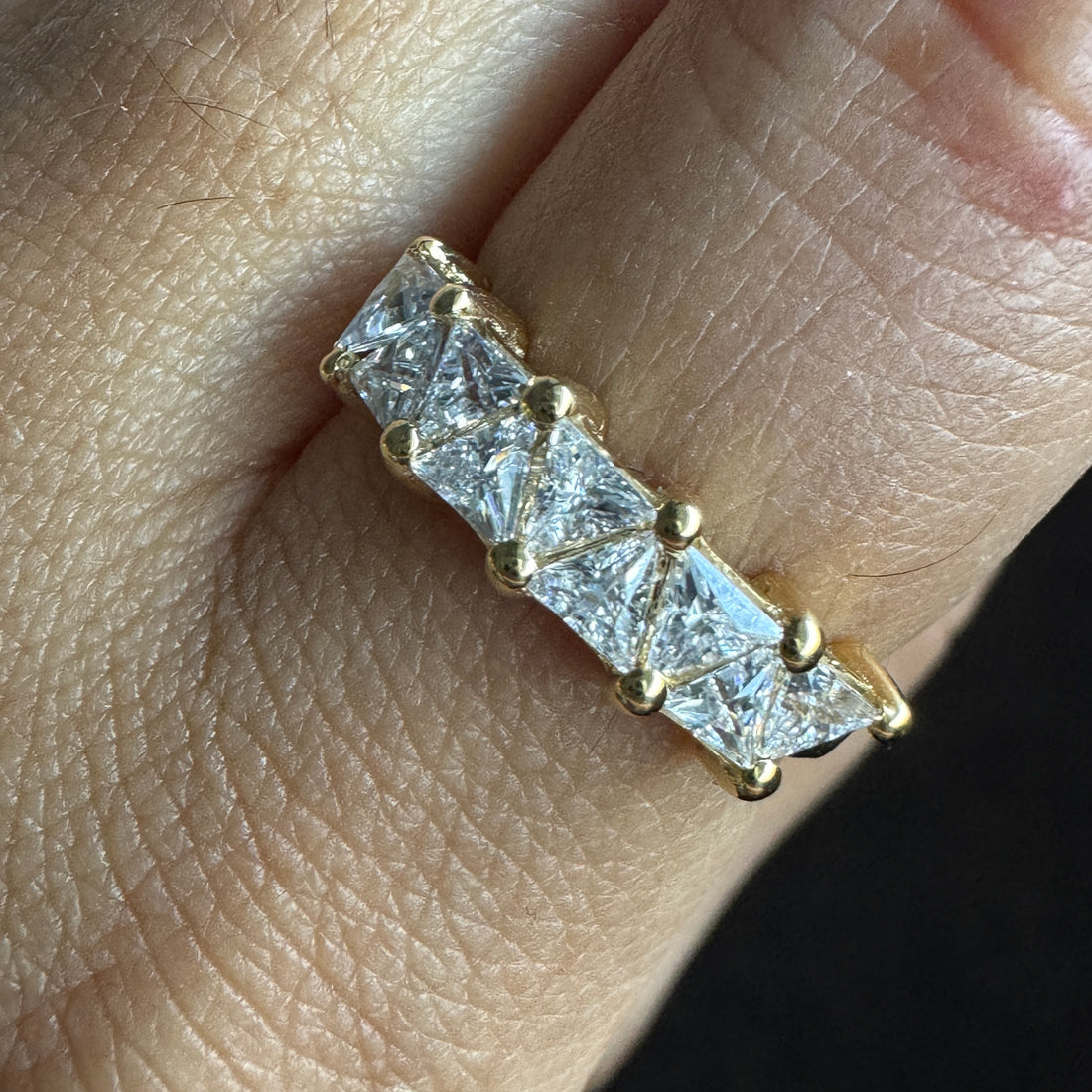 18K Gold Half Eternity Wedding Band Triangle Cut Moissanite Engagement Ring