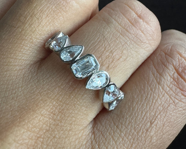 Multi Cut Moissanite 18K Solid Gold Band Bezel Set Eternity Wedding Band