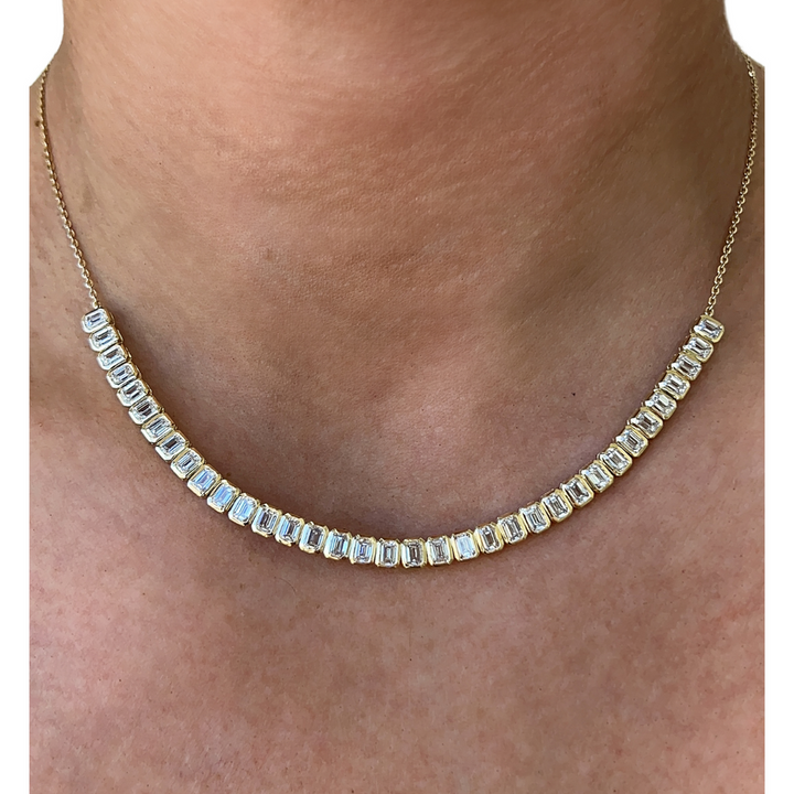 Real Moissanite Emerald Cut Bezel Halfway Tennis Necklace For Birthday Gift Her
