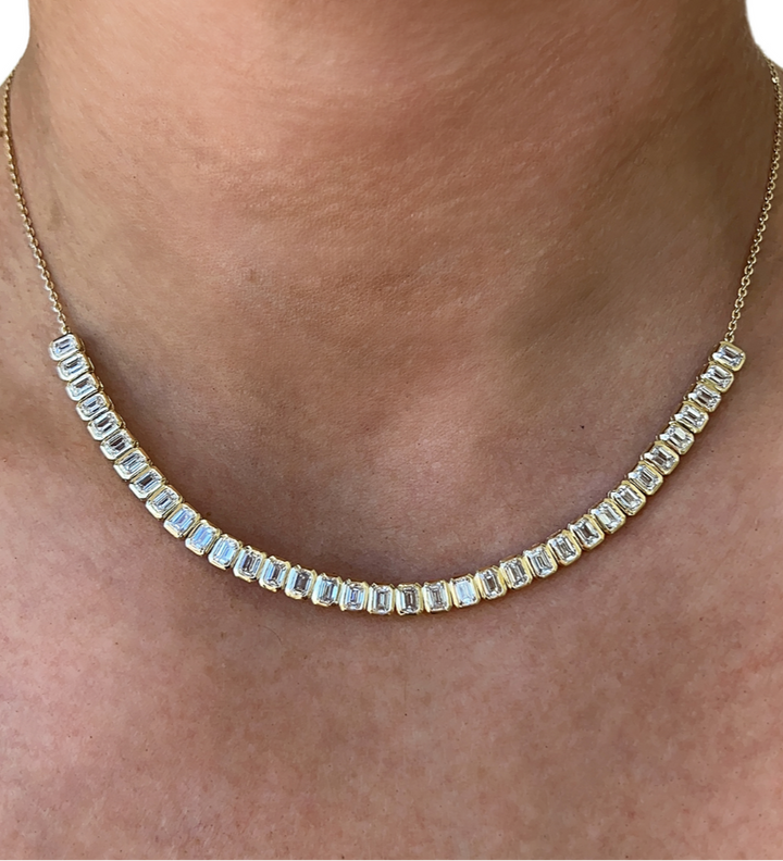 Real Moissanite Emerald Cut Bezel Halfway Tennis Necklace For Birthday Gift Her