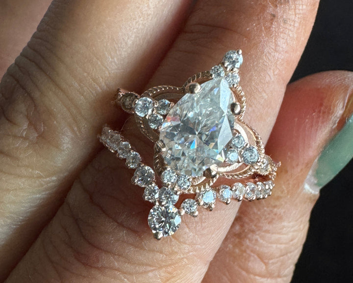 Vintage Moissanite Engagement Ring Set Pear Shaped Wedding Bridal Set