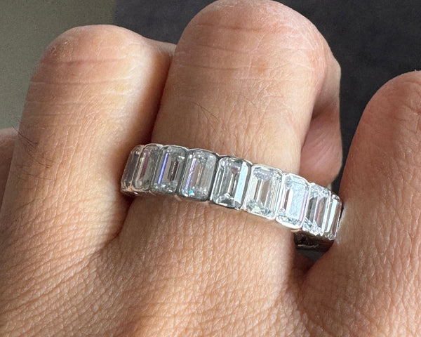 Emerald Cut Moissanite Wedding Band Bezel Set Eternity Anniversary Band
