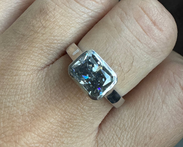 Gray Radiant Moissanite Solitaire Bezel Set Ring East West Engagement Ring