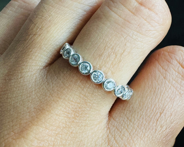 Bezel Set Moissanite Eternity Ring Dainty Round Eternity Wedding Band Stacking