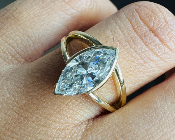 Half Bezel Set Moissanite Split Shank Ring White Marquise Cut Solitaire Ring
