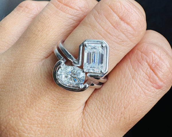 Toi Et Moi Ring Double Band Ring Emerald & Cushion Cut Moissanite Engagement Ring
