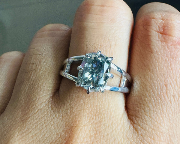 Gray Elongated Cushion Moissanite Double Band Solitaire Engagement Ring