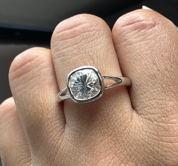 Bezel Set Cushion Cut Solitaire Engagement Ring Split Shank Moissanite Promise Ring