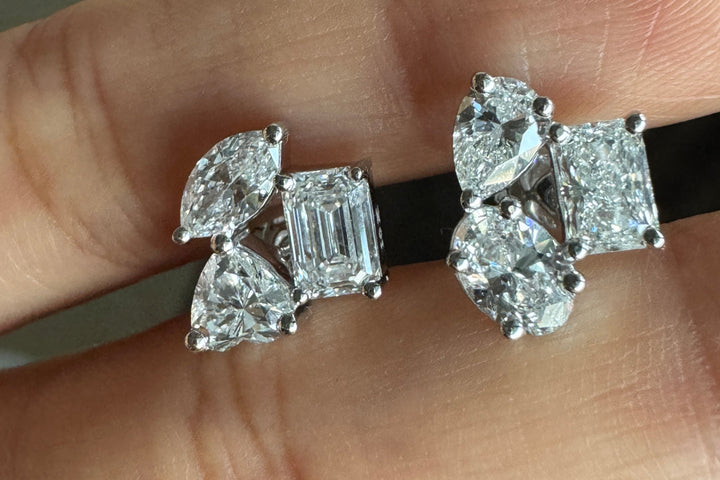 Multiple Cut Stone Stud Earrings Three Moissanite Diamond Birthday Gift For Her