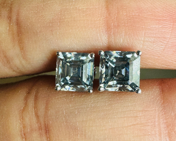 Gray Asscher Cut Moissanite Studs 3 Carat Solitaire Earrings For Anniversary Gift