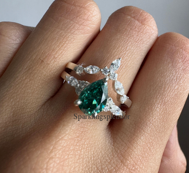 Green Pear Cut Moissanite Engagement Ring With Matching Band Wedding Ring Set