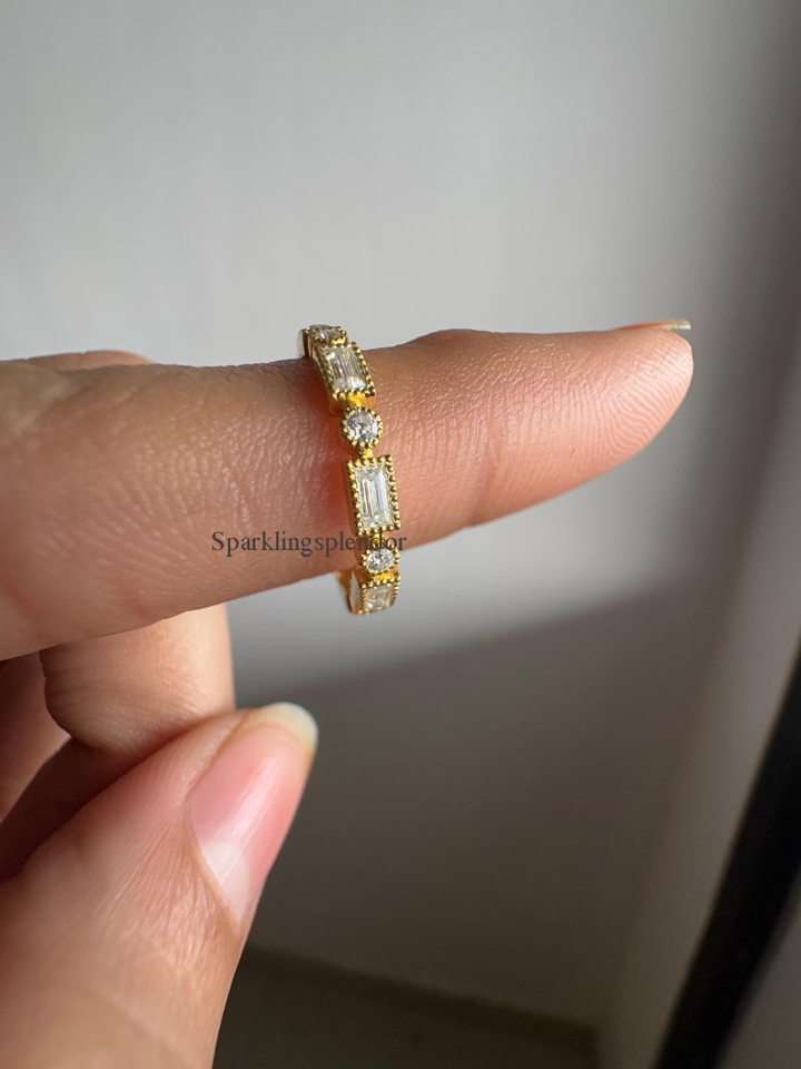 Dainty Baguette & Round Cut Moissanite Band Yellow Gold Eternity Wedding Band