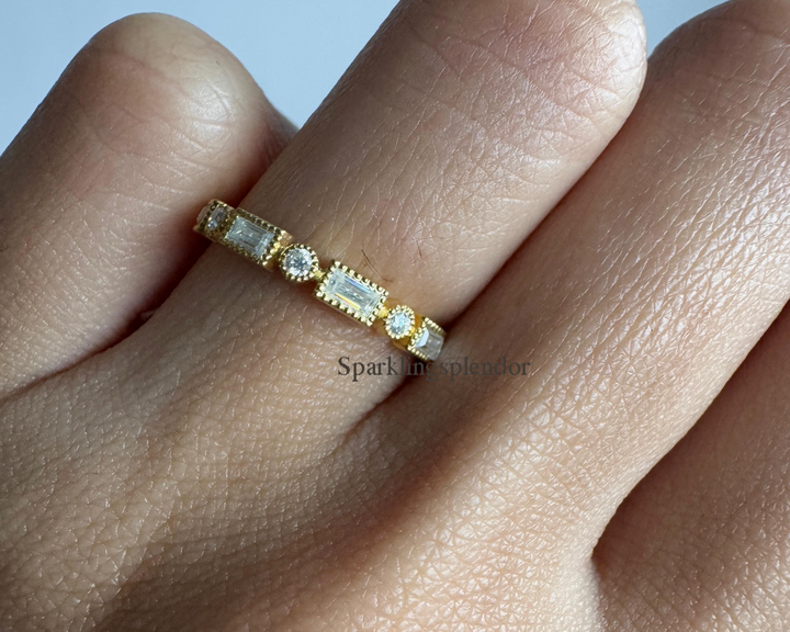 Dainty Baguette & Round Cut Moissanite Band Yellow Gold Eternity Wedding Band