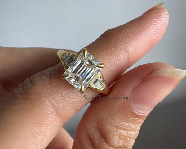 Colorless Emerald Cut Moissanite Engagement Ring Wedding Bridal Proposal Ring