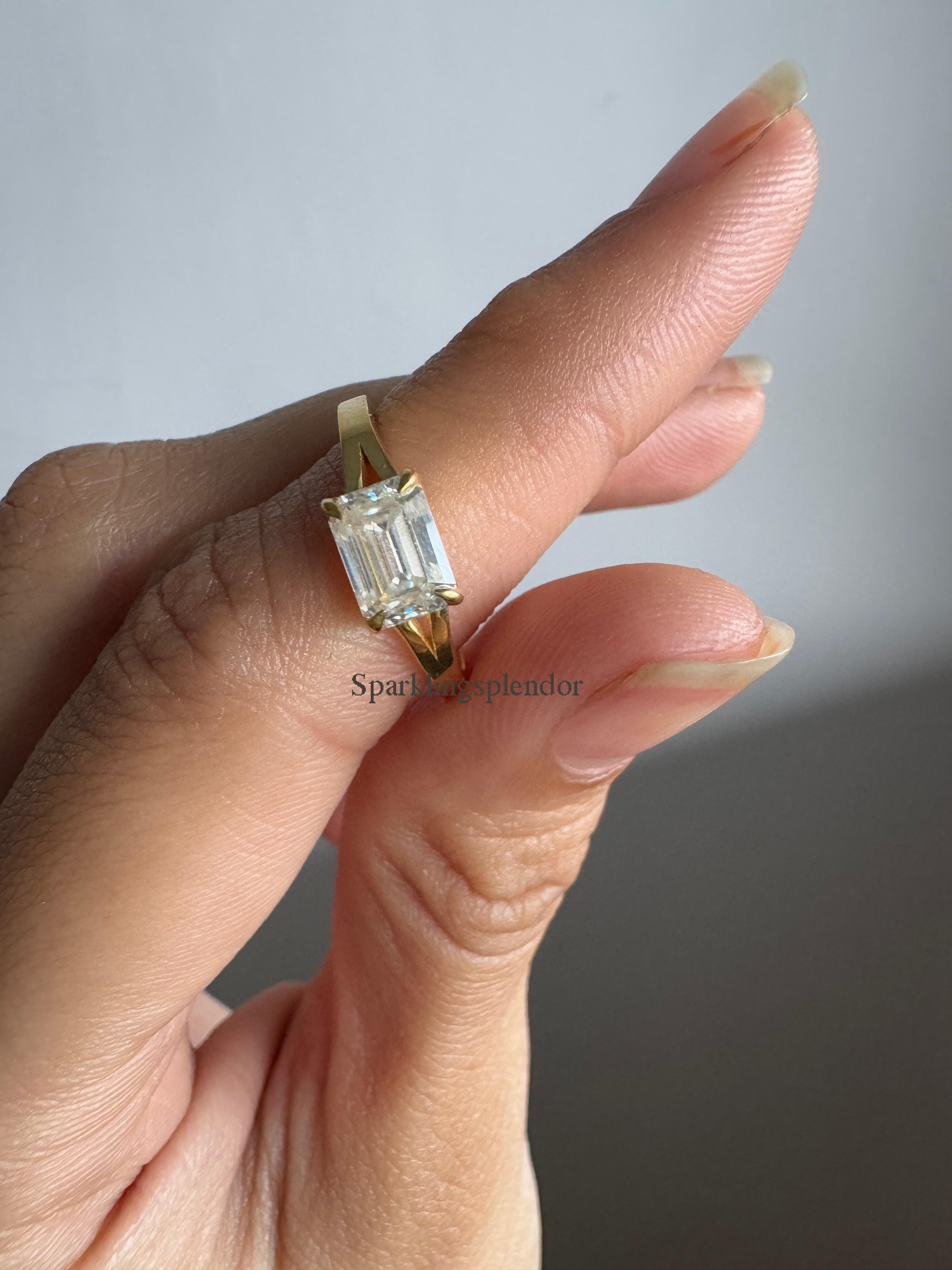 1 Carat East West Emerald Cut Moissanite Ring Split Shank Solitaire Engagement Ring