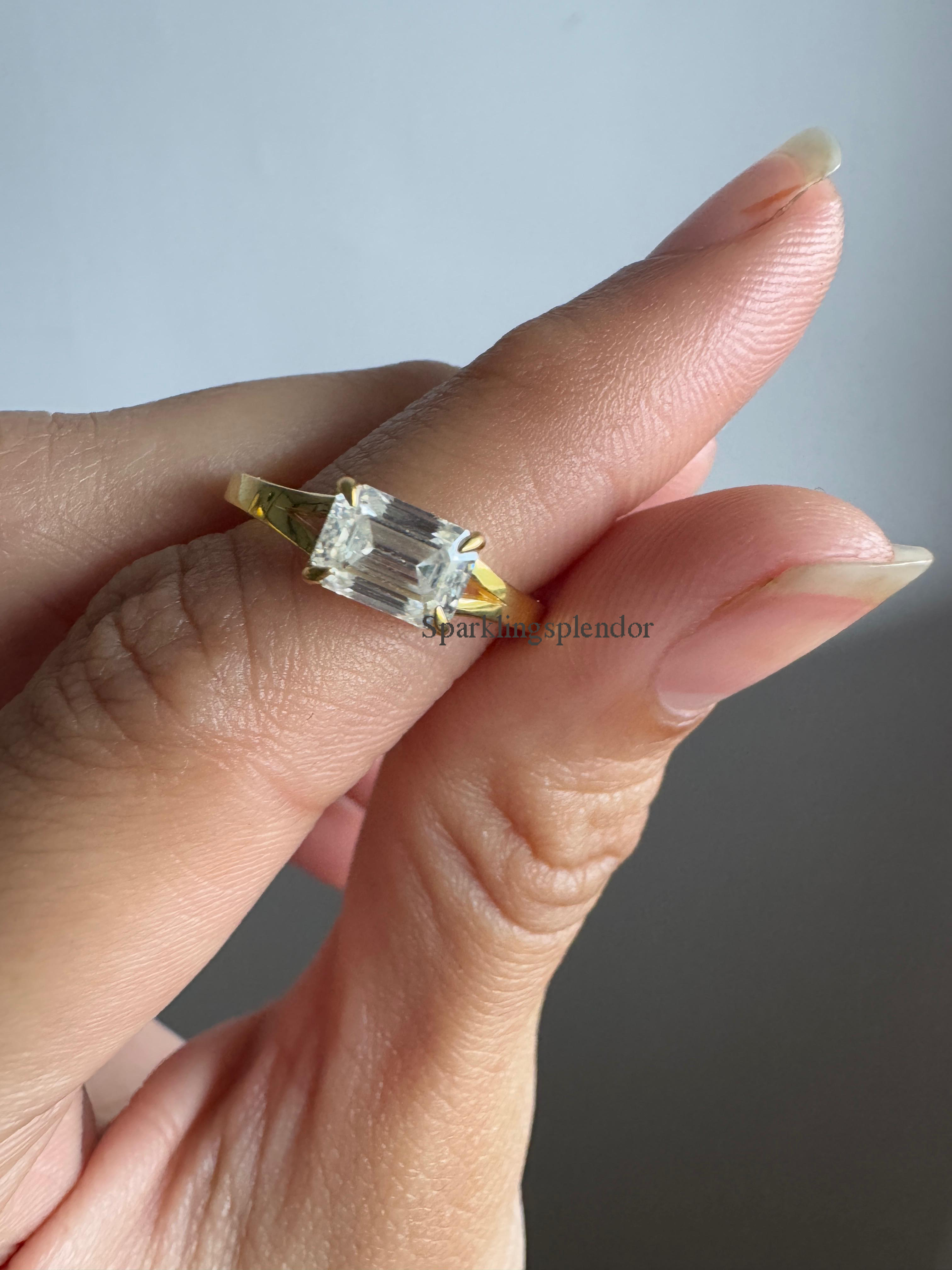 1 Carat East West Emerald Cut Moissanite Ring Split Shank Solitaire Engagement Ring