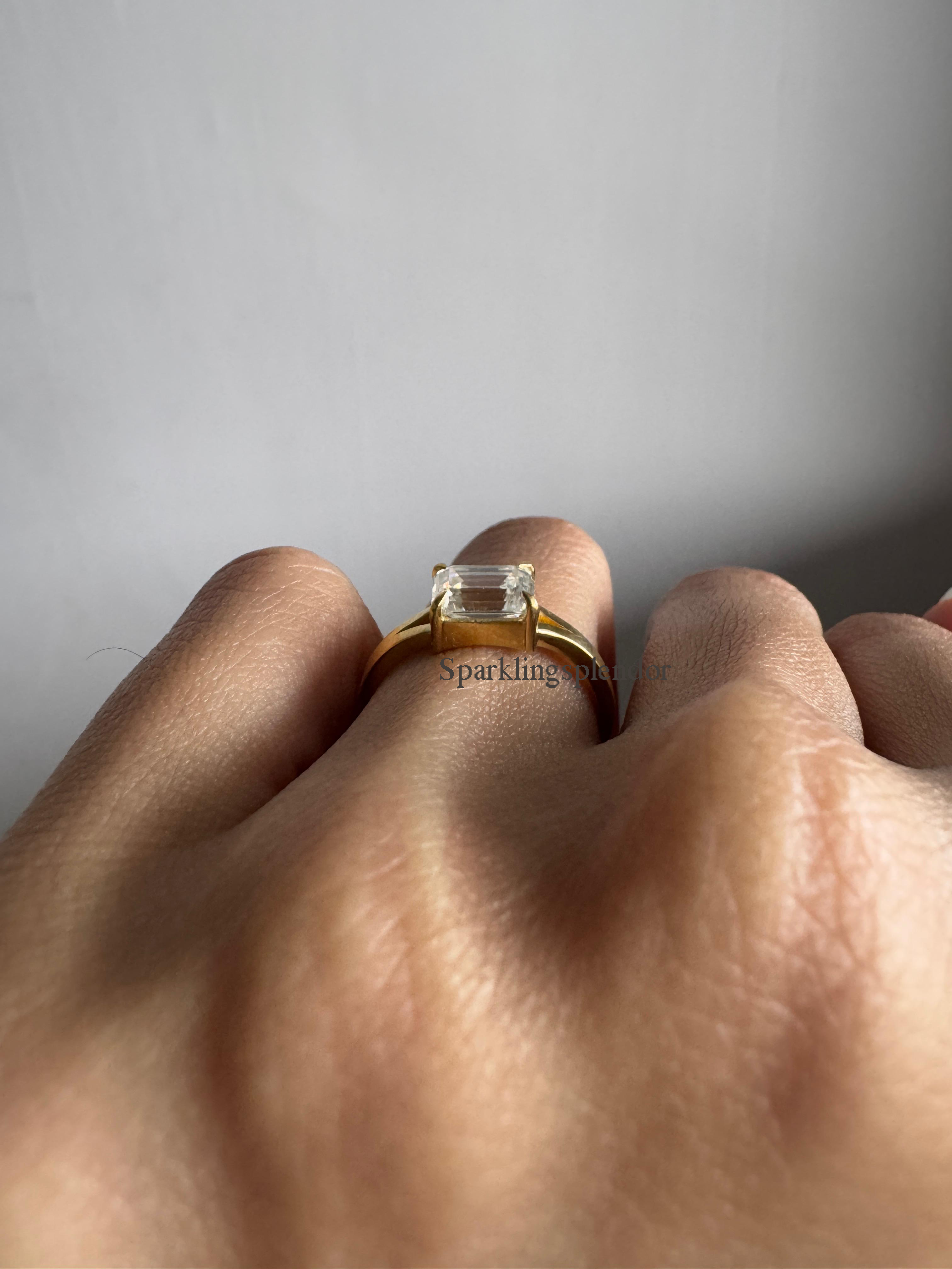 1 Carat East West Emerald Cut Moissanite Ring Split Shank Solitaire Engagement Ring