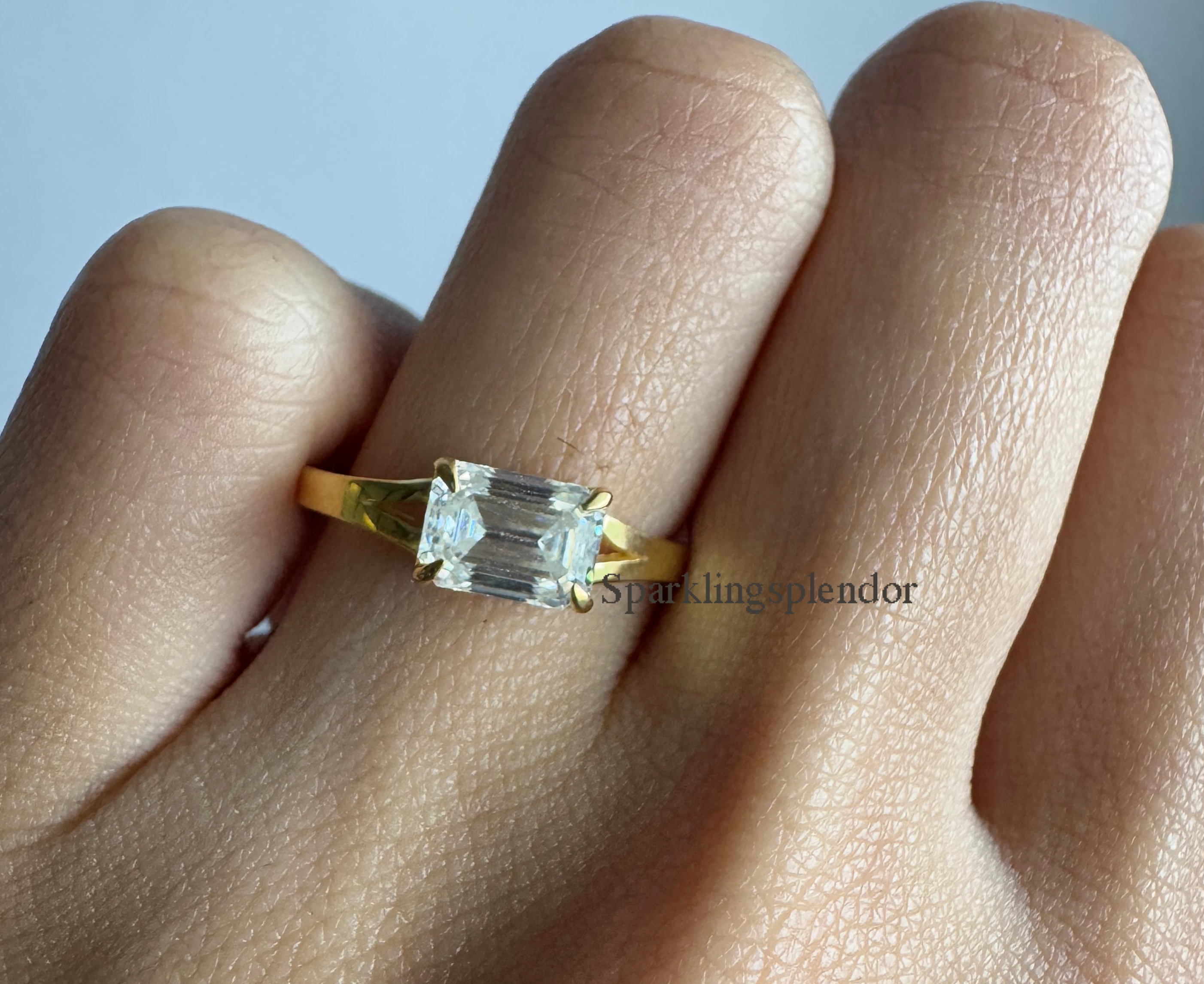 1 Carat East West Emerald Cut Moissanite Ring Split Shank Solitaire Engagement Ring