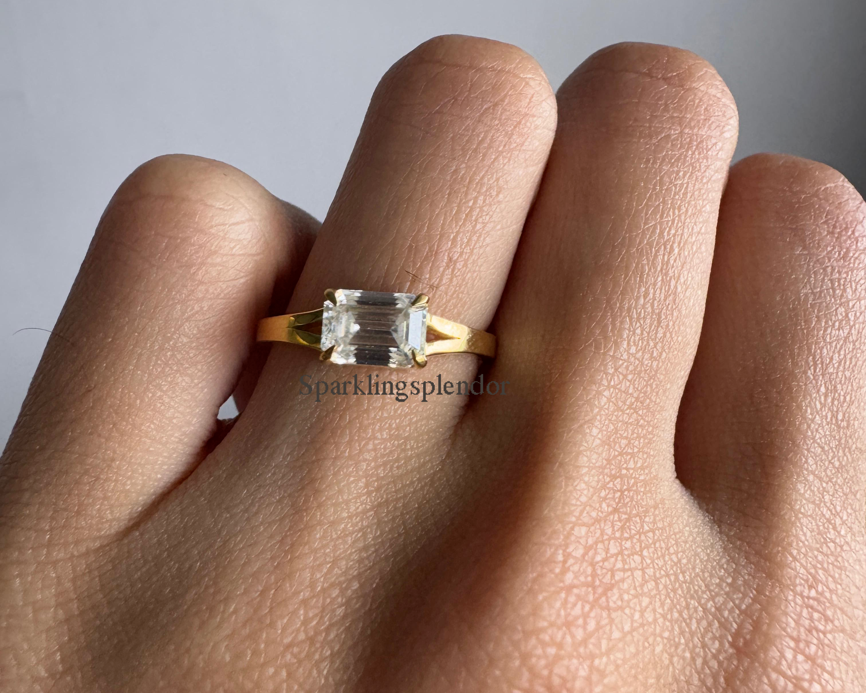 1 Carat East West Emerald Cut Moissanite Ring Split Shank Solitaire Engagement Ring