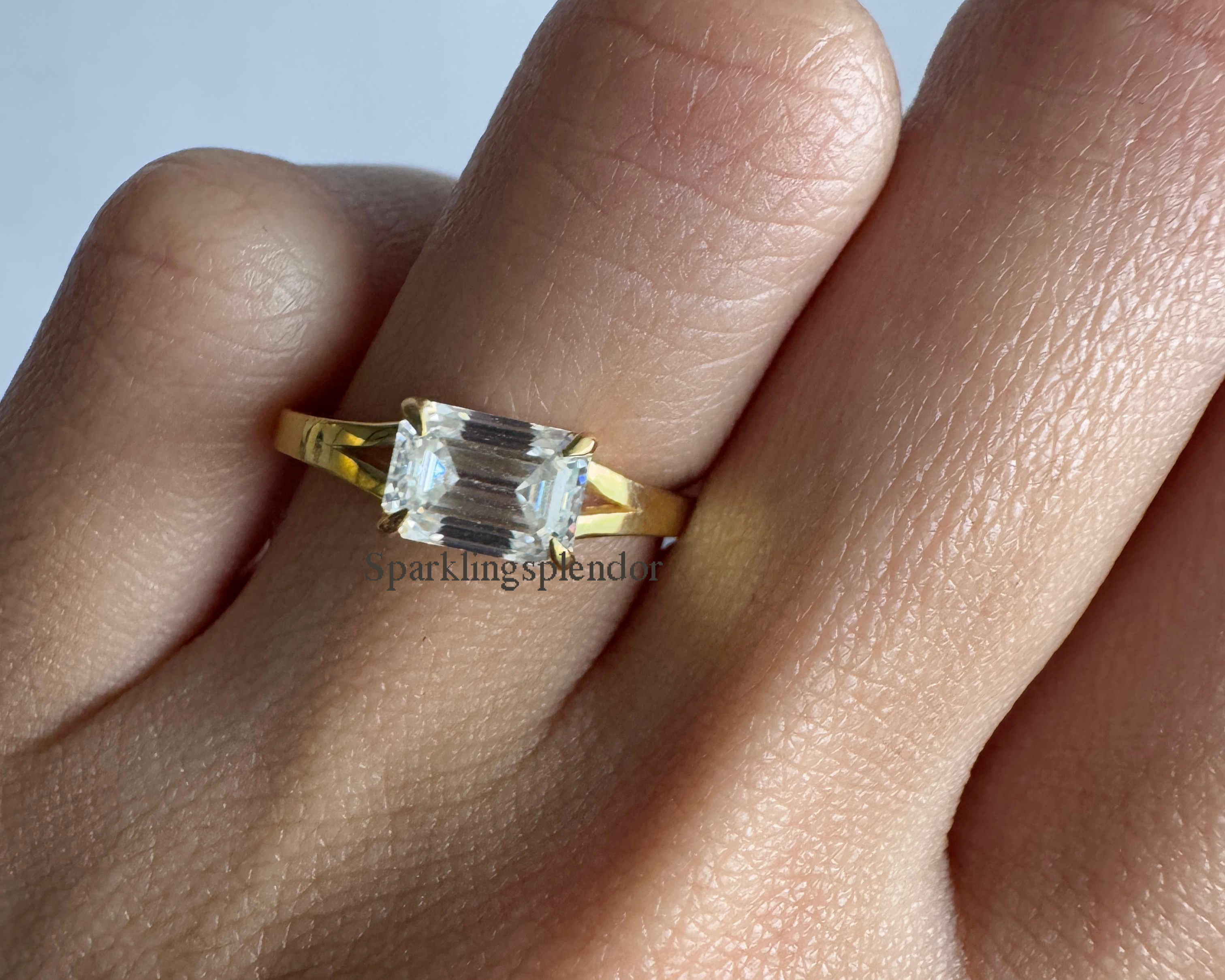 1 Carat East West Emerald Cut Moissanite Ring Split Shank Solitaire Engagement Ring