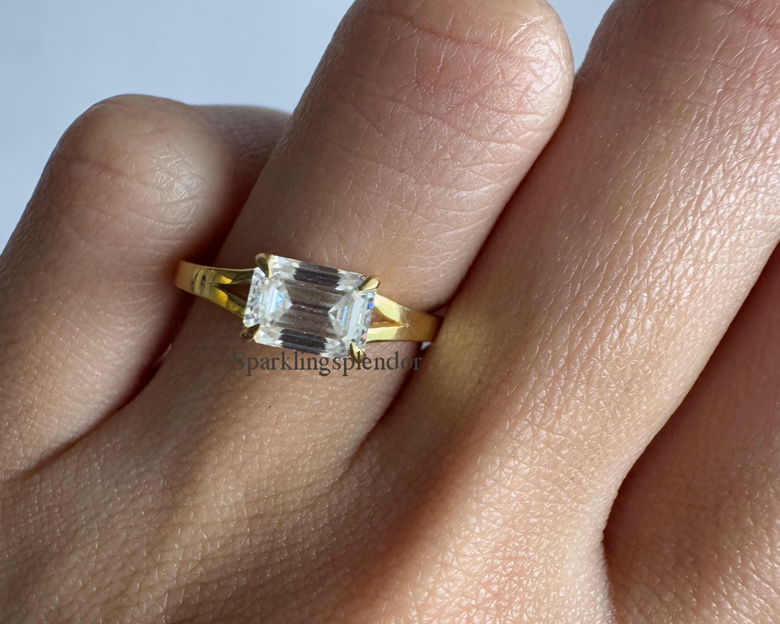 1 Carat East West Emerald Cut Moissanite Ring Split Shank Solitaire Engagement Ring