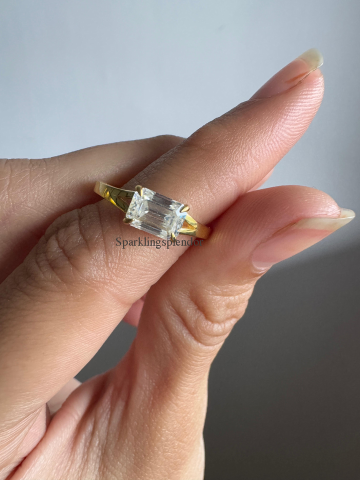 1 Carat East West Emerald Cut Moissanite Ring Split Shank Solitaire Engagement Ring
