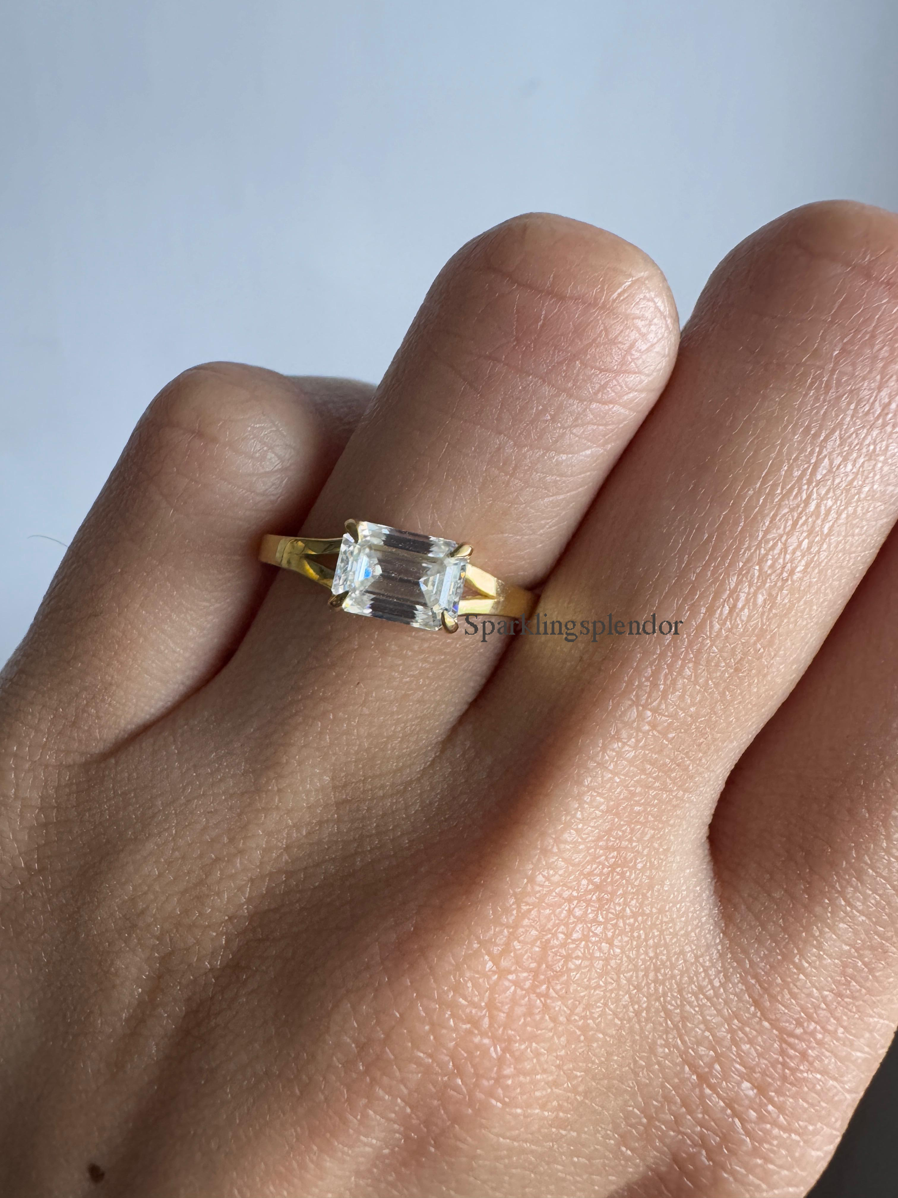 1 Carat East West Emerald Cut Moissanite Ring Split Shank Solitaire Engagement Ring