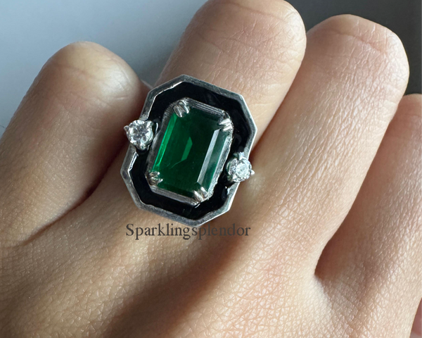 Vintage Style Emerald CZ Diamond Bezel Set Engagement Ring in Solid Gold