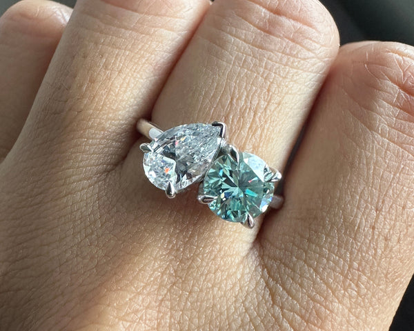Green Round & Pear Moissanite Toi Et Moi Ring 14K Solid Gold Two Stone Engagement Ring