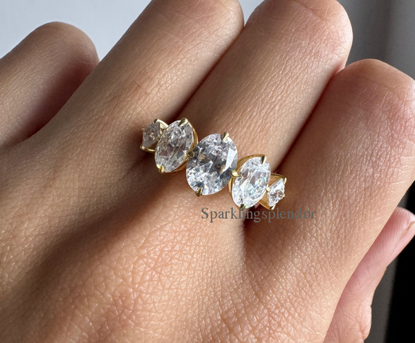 Five Stone Moissanite Engagement Ring White Oval Cut Solid Gold Wedding Ring