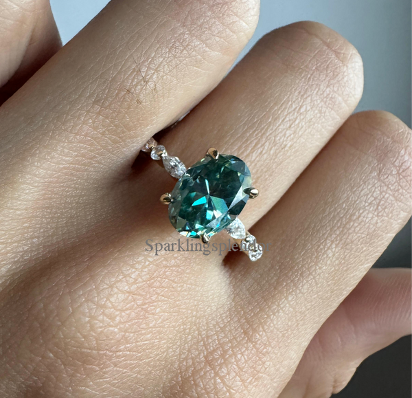 Ice Blue Moissanite Engagement Ring Oval Cut Hidden Halo Wedding Ring Her