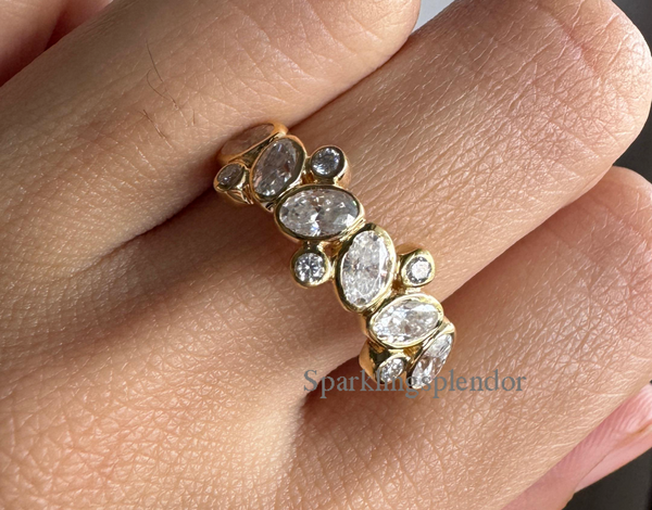 Oval Cut Moissanite Band Bezel Set Art Deco Cluster Wedding Band in Gold
