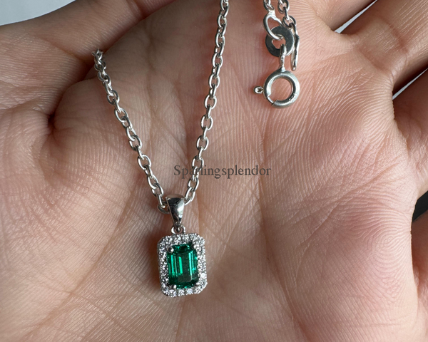 Halo Set Dark Green Lab Grown Diamond Necklace Gold Beautiful Bridal Necklace