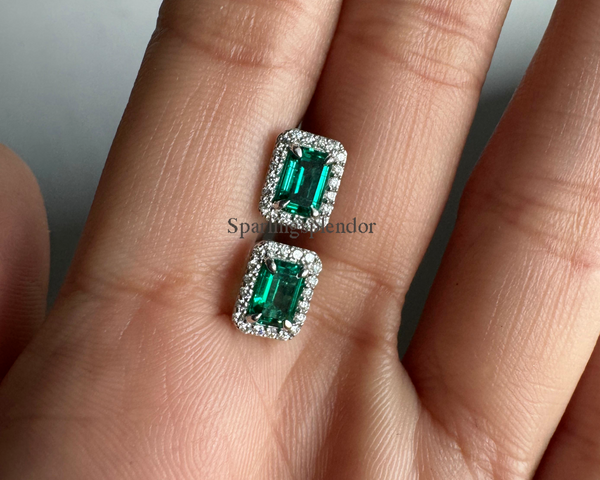 Dark Green Lab Grown Diamond Stud Earrings Halo Style Wedding Bridal Earrings