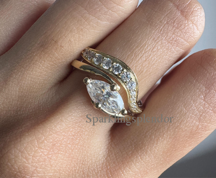 East West Marquise Cut Moissanite Bypass Ring With Curved Band Wedding Ring Set