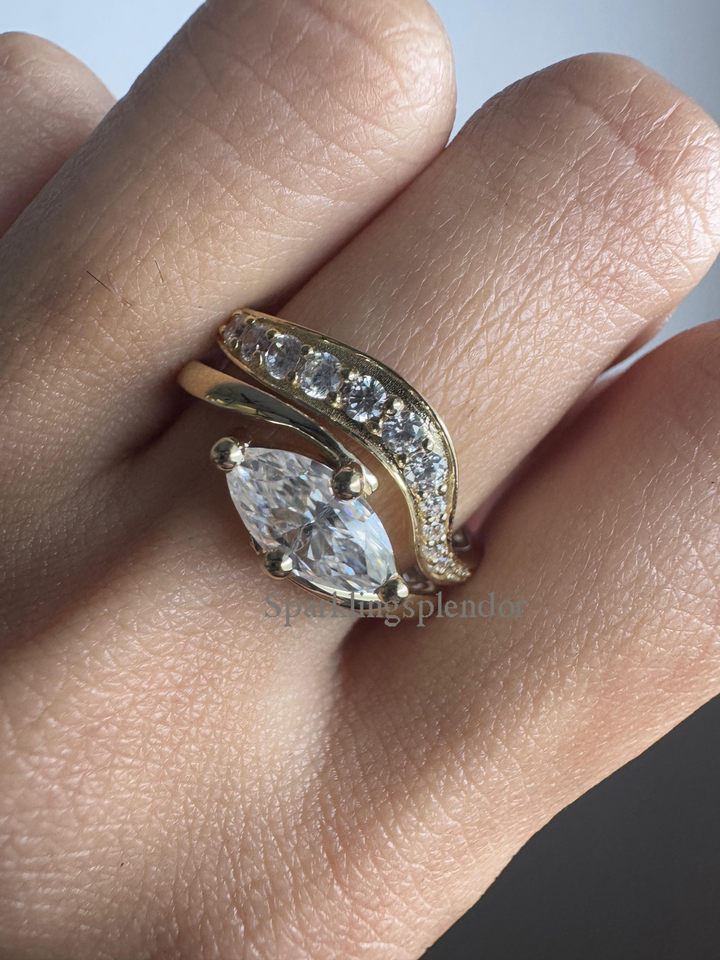 East West Marquise Cut Moissanite Bypass Ring With Curved Band Wedding Ring Set