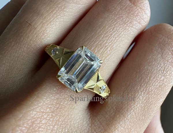 Vintage Emerald Cut Moissanite Engagement Ring 18K Gold Antique Style Jewelry