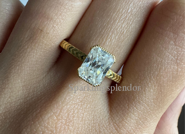 Solitaire Radiant Cut Moissanite Engagement Ring Vintage Half Bezel Set Promise Ring