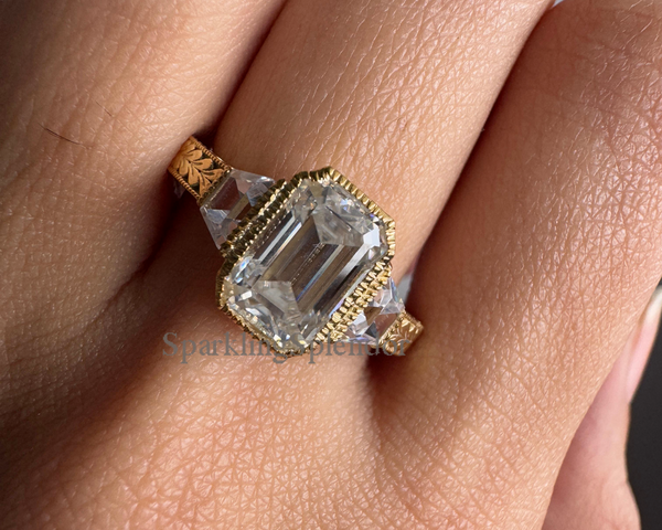 Milgrain Bezel Three Stone Wedding Ring Emerald Cut Moissanite Engagement Ring