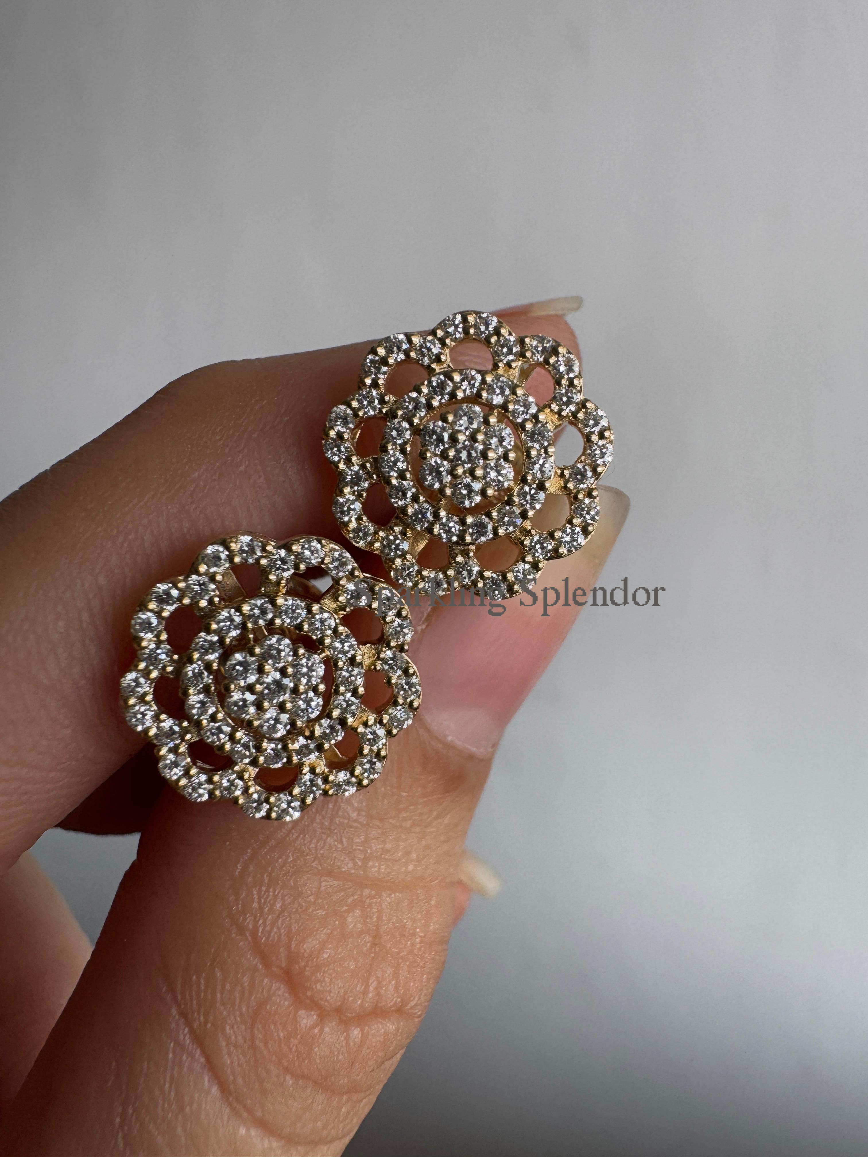 Dainty Round Cut Moissanite Floral Stud Earrings Flowers Shape Earring Bridal Gift
