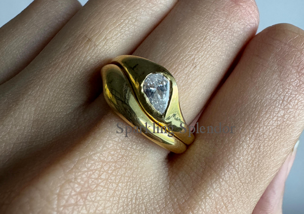 Solitaire Flush Set Pear Cut Moissanite Ring With Curved Band Bold Wedding Ring Set