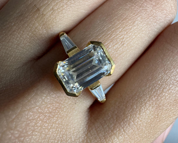 Three Stone Engagement Ring Half Bezel Set Emerald Cut Anniversary Gift Ring