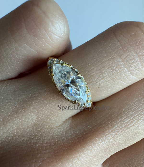 Classic East West Marquise Cut Real Moissanite Designer Engagement Ring in Gold
