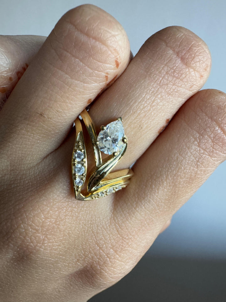 Pear Cut Moissanite Ring With Matching Band Solid Gold Unique Wedding Ring Set
