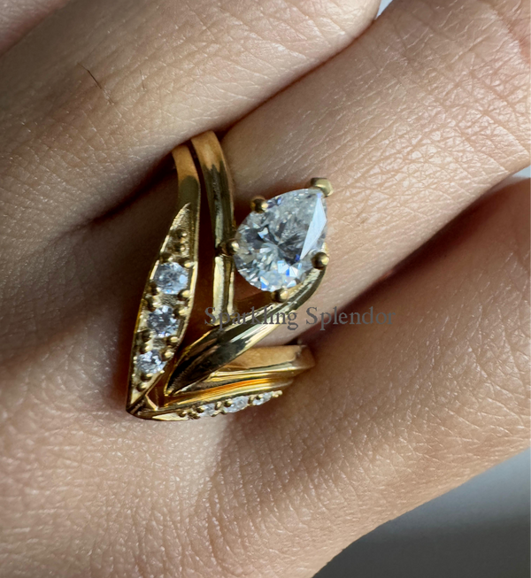 Pear Cut Moissanite Ring With Matching Band Solid Gold Unique Wedding Ring Set