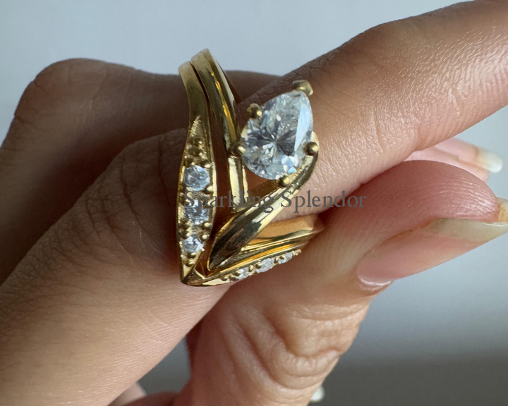 Pear Cut Moissanite Ring With Matching Band Solid Gold Unique Wedding Ring Set